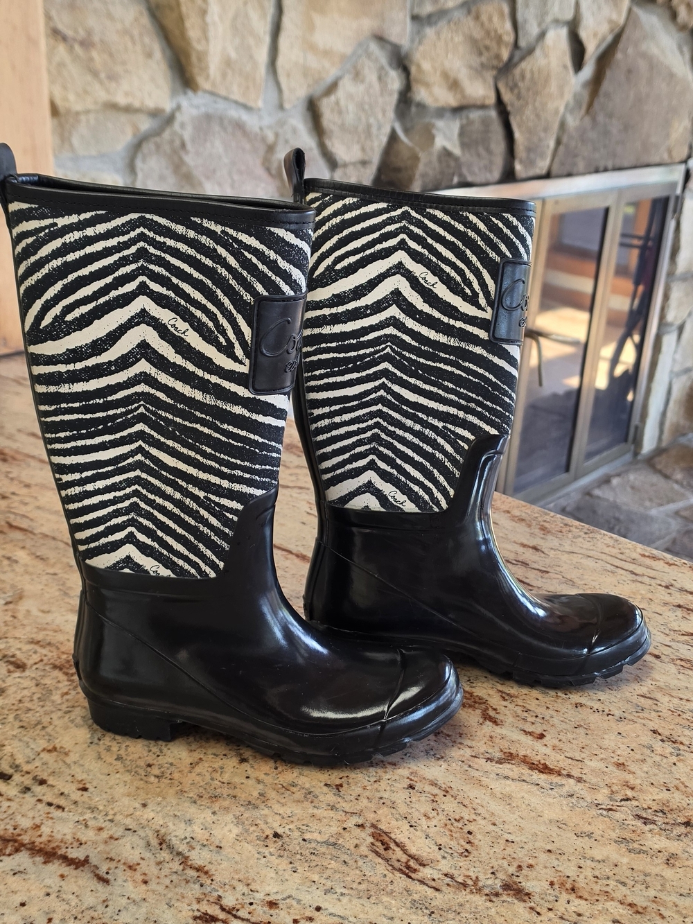 Coach Black & White Zebra-Pattern Rain Boots, 7B, Preowned
